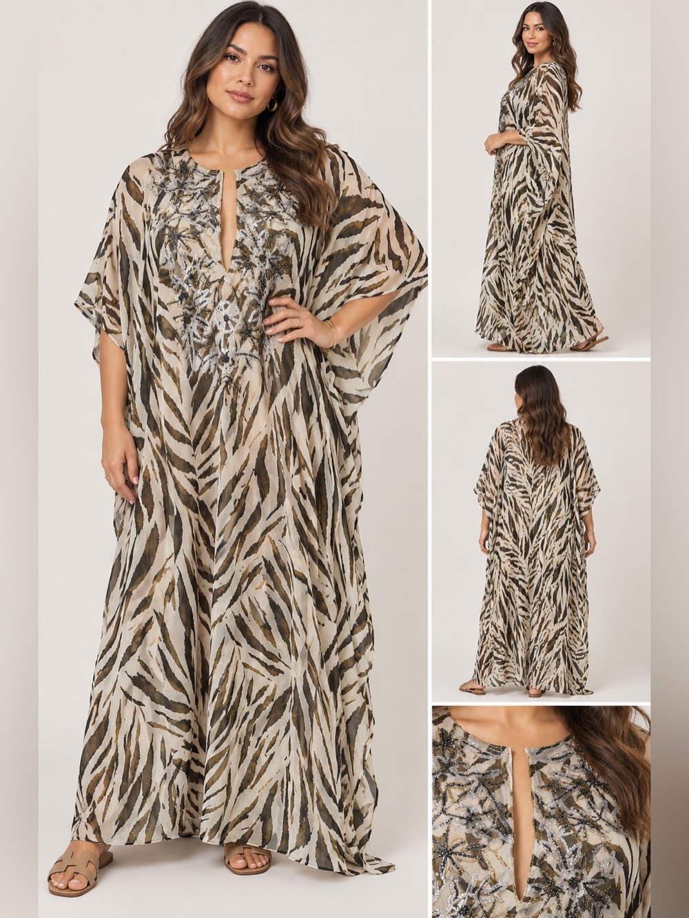 Spiegel vintage beaded boho zebra print sheer kaftan cover up L nwot